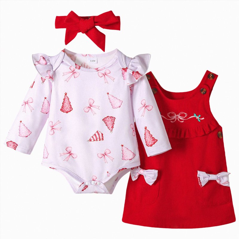 Baby Girl First Christmas Outfit A02-Red 3-6 Months Ruffle Romper & Suspender Dress Set