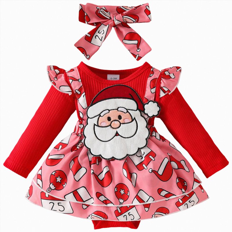 Baby Girl First Christmas Outfit Set - Red Long Sleeve Romper & Overalls 3-6 Months