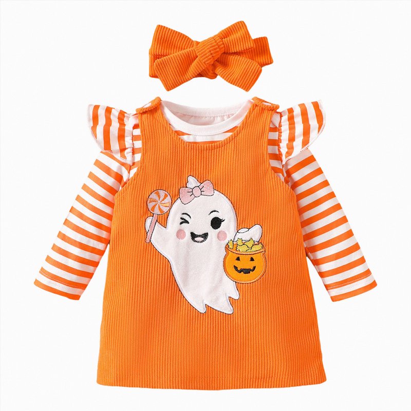 Baby Girl Halloween Outfit Pumpkin Romper Skirt Set with Headband - A14-Orange, 9-12 Months
