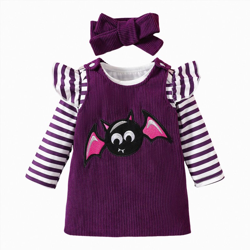 A14-Purple Baby Girl Halloween Romper & Skirt Outfit with Headband - 0-3 Months