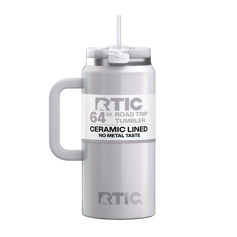 64 oz Ceramic Lined Road Trip Tumbler with Handle & Leak-Resistant Straw Lid - White Glitter