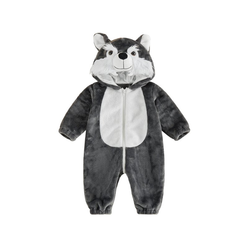 Gray Toddler Wolf Halloween Fuzzy Hooded Jumpsuit - 6-12 Months