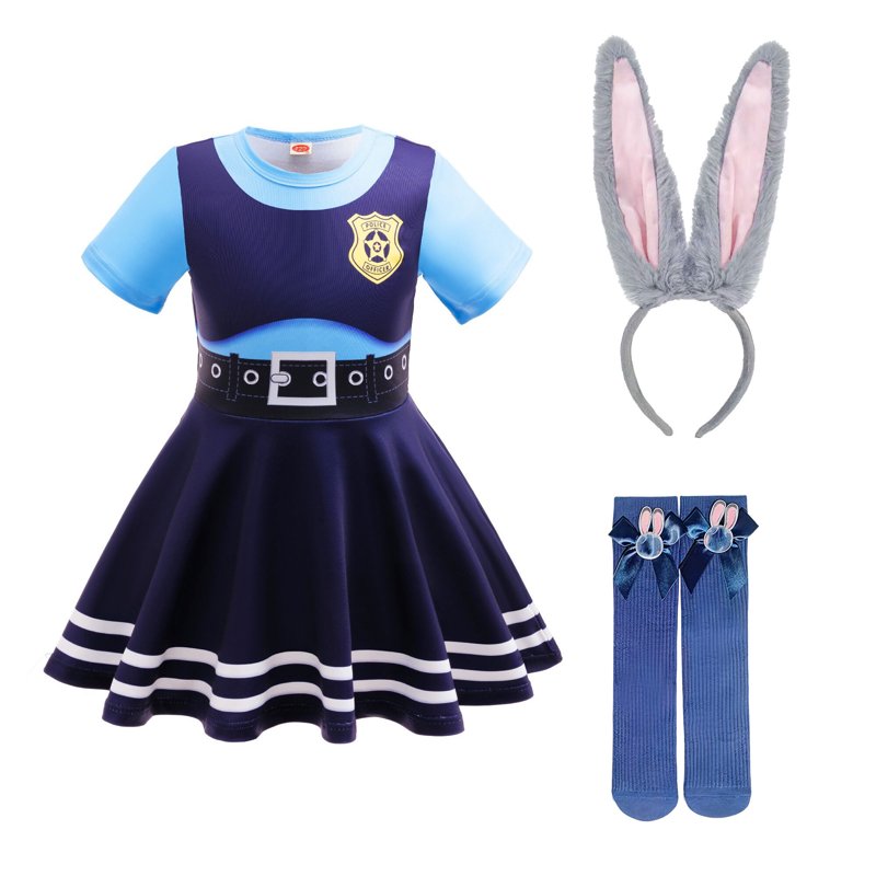 Kids Bunny Police Costume Dress Set with Bunny Ear Headband & Socks - Size 8-9 - Halloween Cosplay