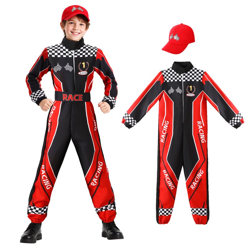 Kids Race Car Driver Costume Jumpsuit with Car Cap - Size L/10-12 Years Halloween Dress Up