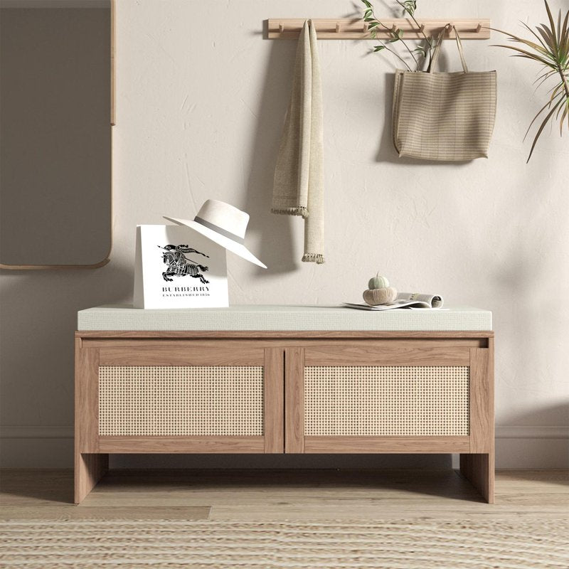 Mid-Century Modern Rattan Storage Bench with Padded Seat