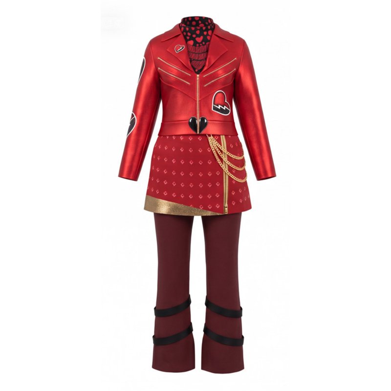 Girls Red Wonderland Costume Set with Heart Graphic Jacket Skirt & Leggings - Wine, 11-12Y