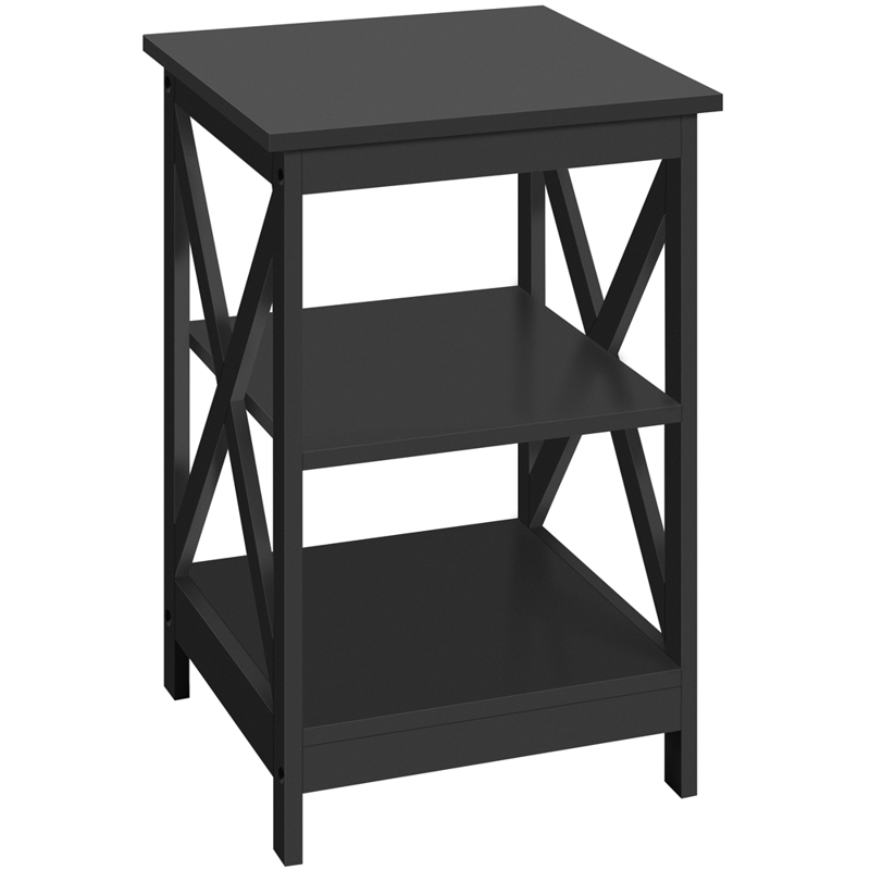 3-Tier Black Wood End Table with X-Shaped Frame