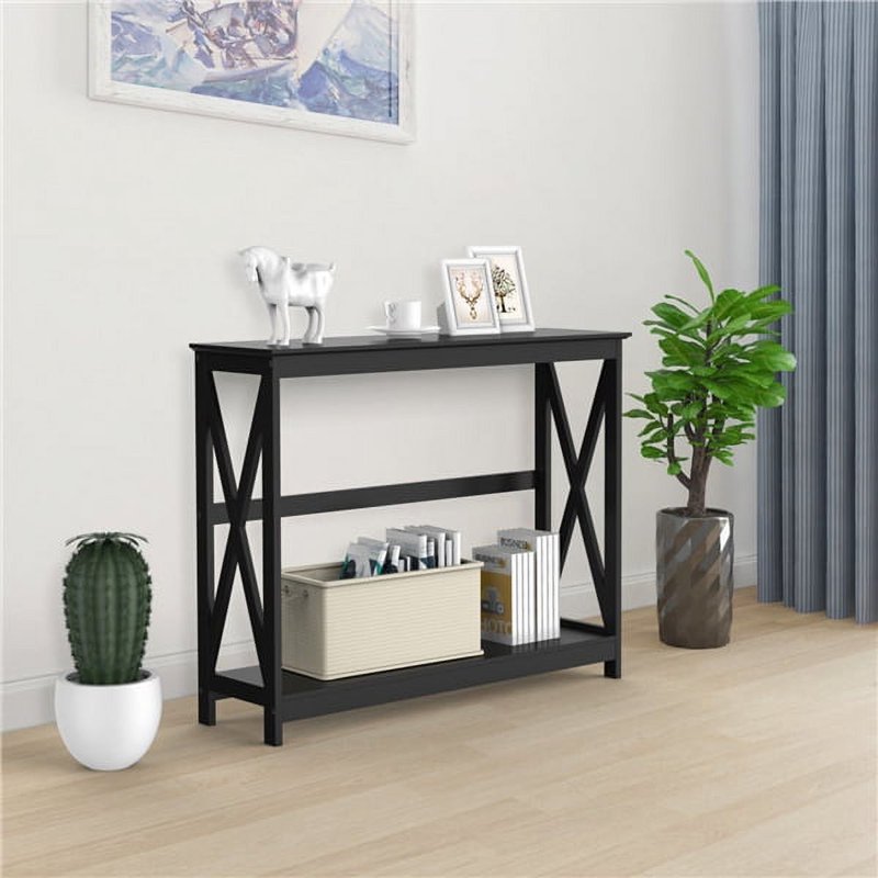 Console Table with Storage Shelf - Black Wood X-Design