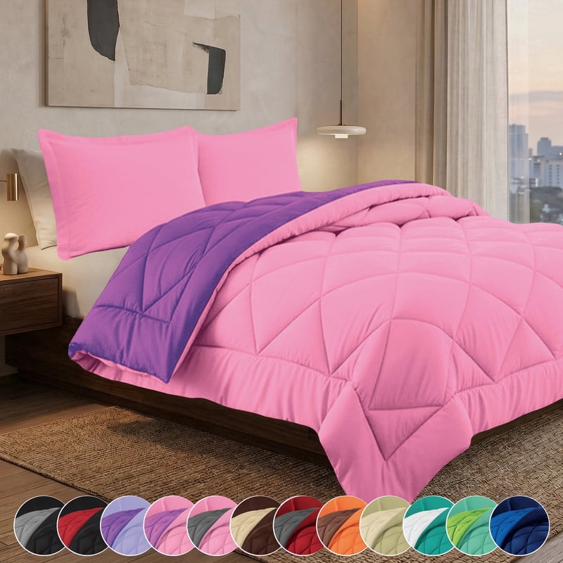Full/Queen Reversible Down Alternative Comforter Set - Pink & Purple All-Season Bedding