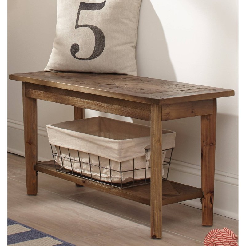 Rustic Solid Wood Bench with Shelf - 36 in, 300lbs Capacity