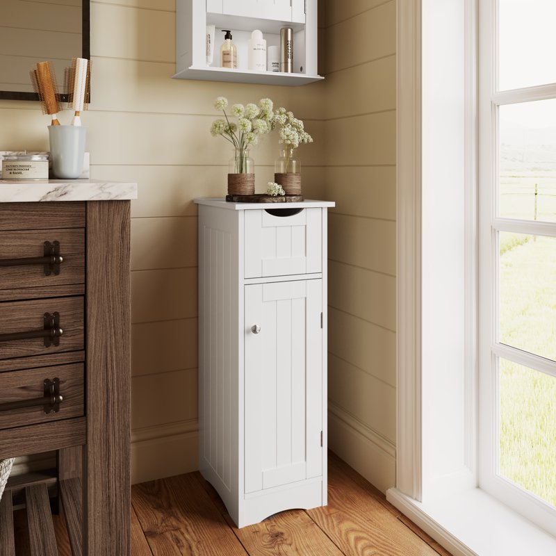 Slim Bathroom Storage Cabinet with Drawer & Shelves - White
