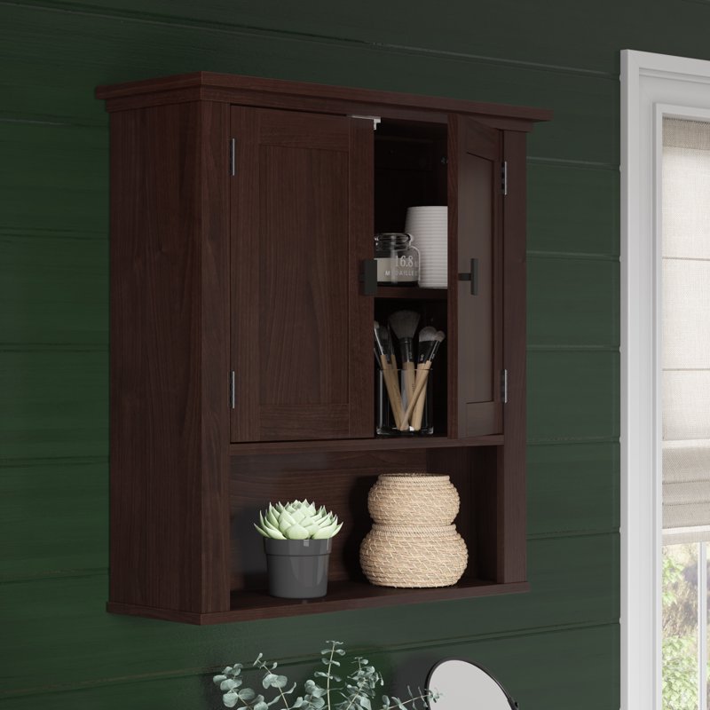 Bathroom Medicine Cabinet Wall Shelf Storage - Dark Veneer, 2-Door, RiverRidge Hayward