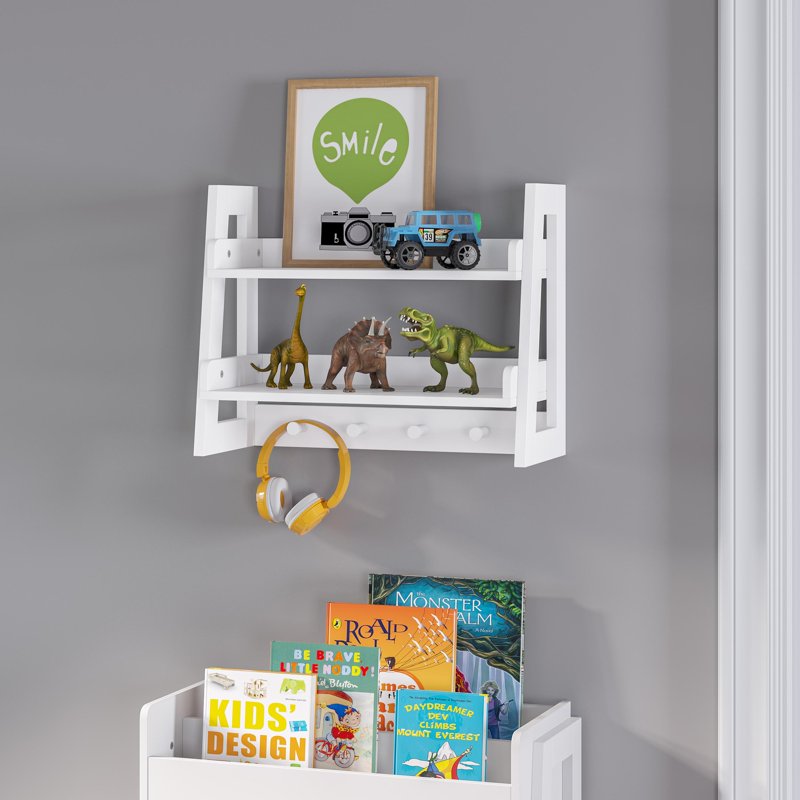 Kids 2-Tier Ladder Bookshelf with Hooks - White