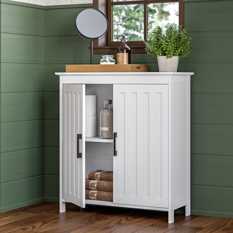 Bathroom Linen Storage Cabinet with Double Doors and Adjustable Shelves - White
