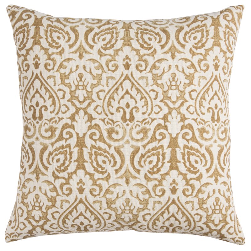 Polyester Cotton Damask 22x22 Inch Pillow Cover in Gold and Natural - Contemporary Style