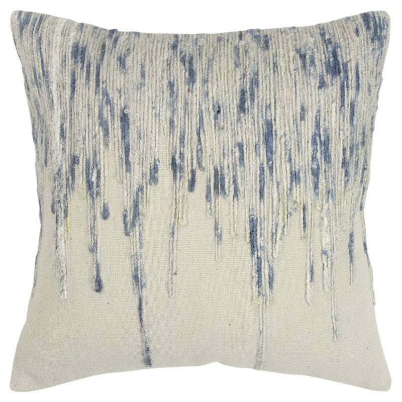 20x20 Pillow Cover - Handcrafted Reclaimed Sari Fabric, Neutral Ivory & Blue, Hidden Zipper, Abstract Stripe
