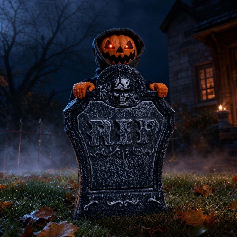 Halloween Animated Tombstone Decor with Rising Skeleton and Pumpkin - Voice Activated Outdoor Yard Prop