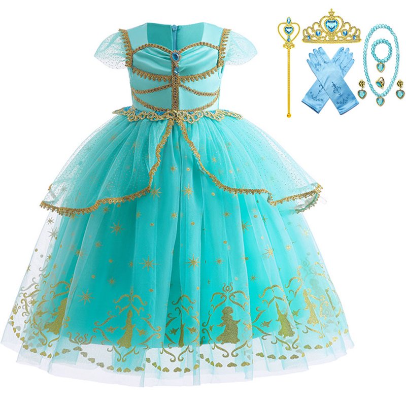 Girls Arabian Princess Costume Dress with Accessories - 3-8T, Green, Dress+Accessories