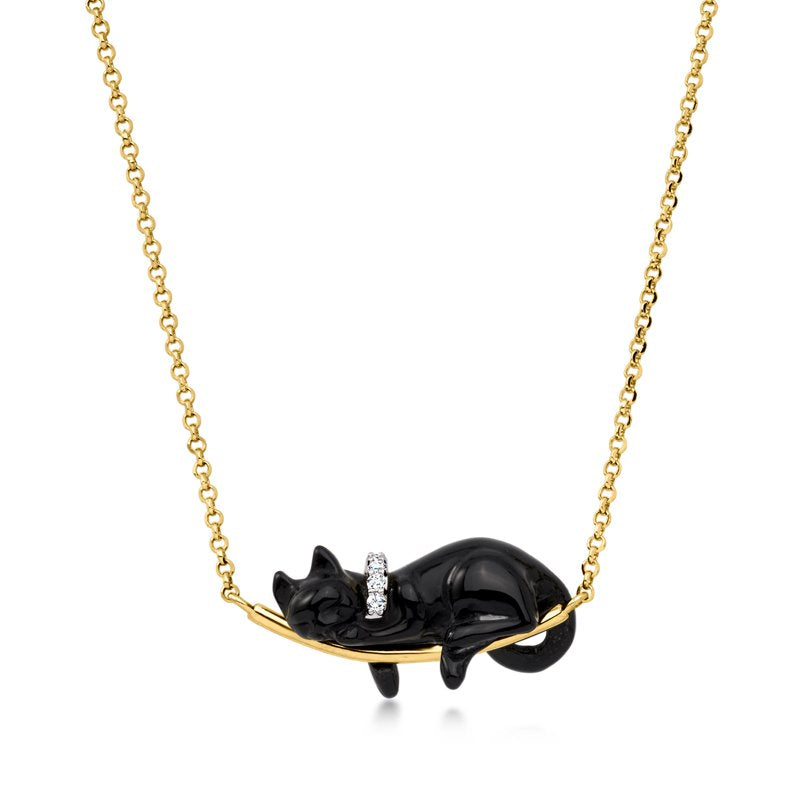 Black Agate Cat Necklace with White Topaz Sterling Silver 18kt Gold Plated Women