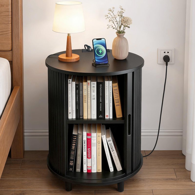 Round End Table with Charging Station & Sliding Door - Multiple Colors