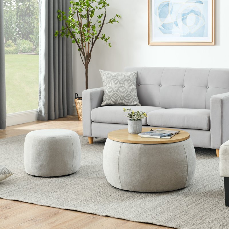 Round Storage Ottoman Set of 2 - Light Grey Footstools & End Table
