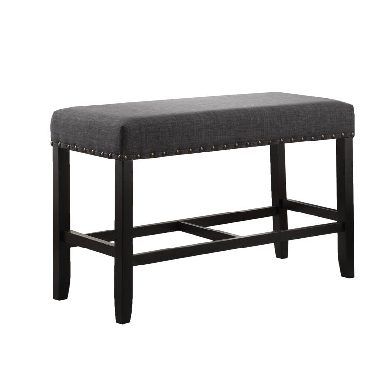 Gray Fabric Counter Height Dining Bench with Nailhead Trim