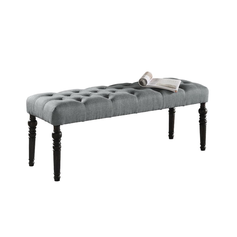 Tufted Fabric Dining Bench with Turned Legs - Gray