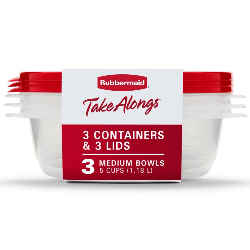 5-Cup Food Storage Containers - Set of 3, Red Plastic Bowls