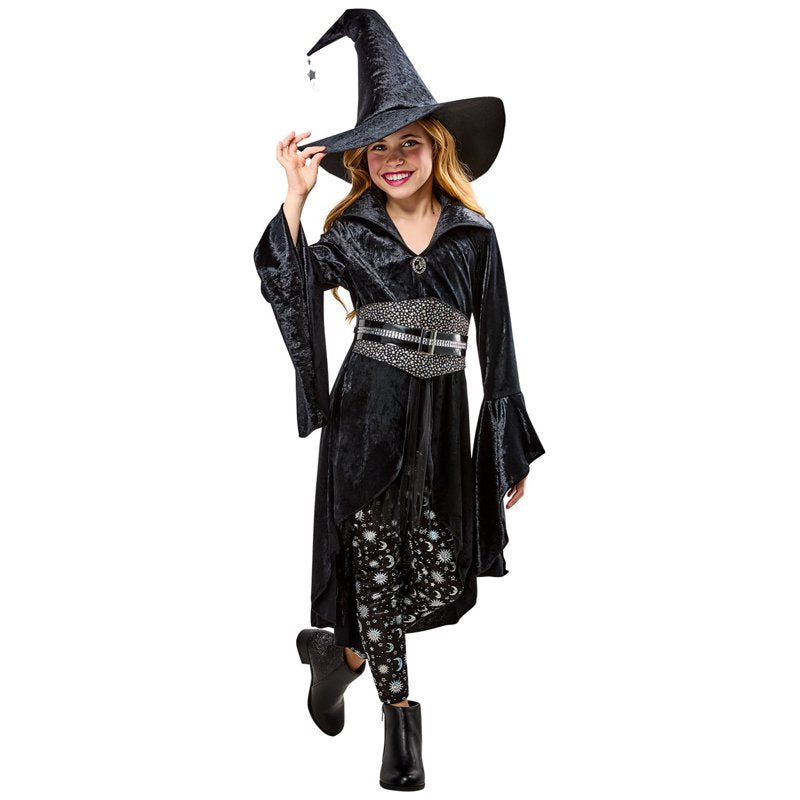 Kids Black Coven Witch Costume - Small, Velvety Dress & Pointed Hat