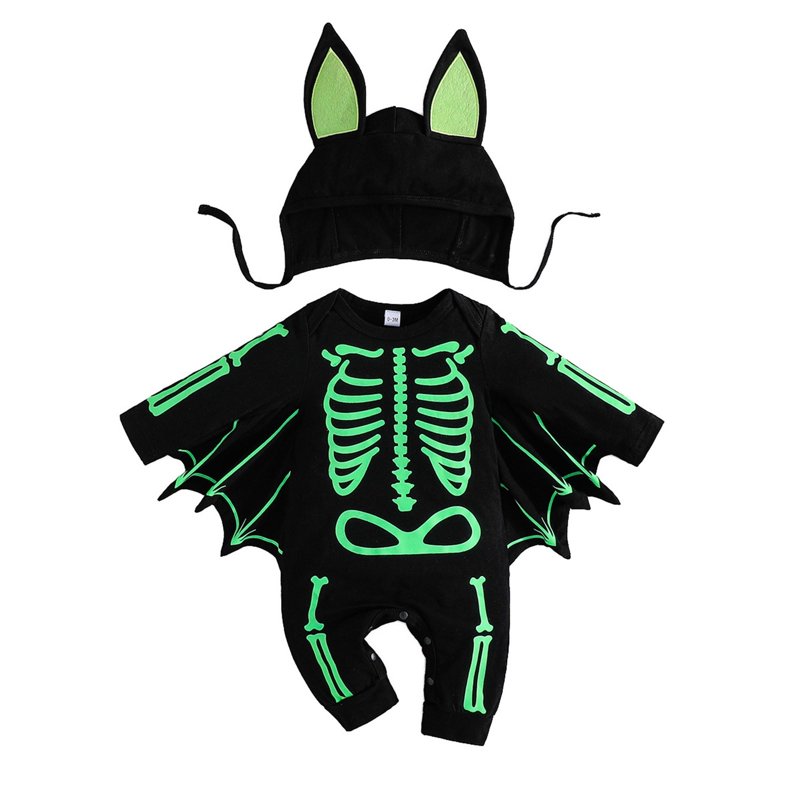 Baby Skeleton Jumpsuit with Wings & Hat - Green, 0-3 Months Halloween Outfit