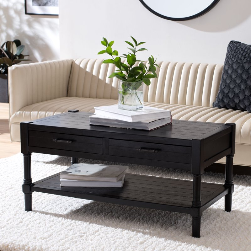 Solid Black Coffee Table with 2 Drawers & Shelf