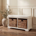 Contemporary Wicker Storage Bench with Cushion - Vintage White