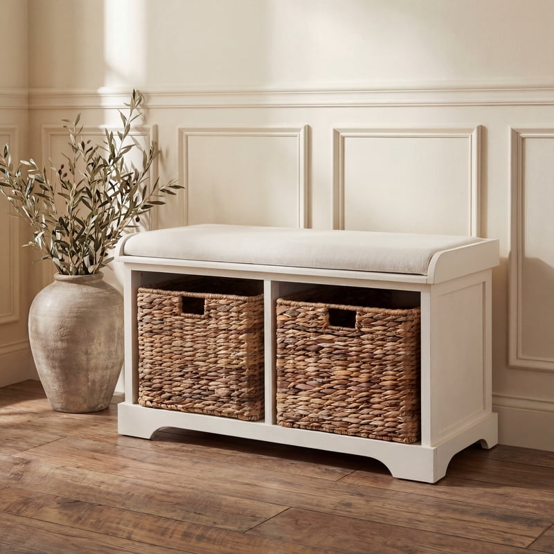 Contemporary Wicker Storage Bench with Cushion - Vintage White