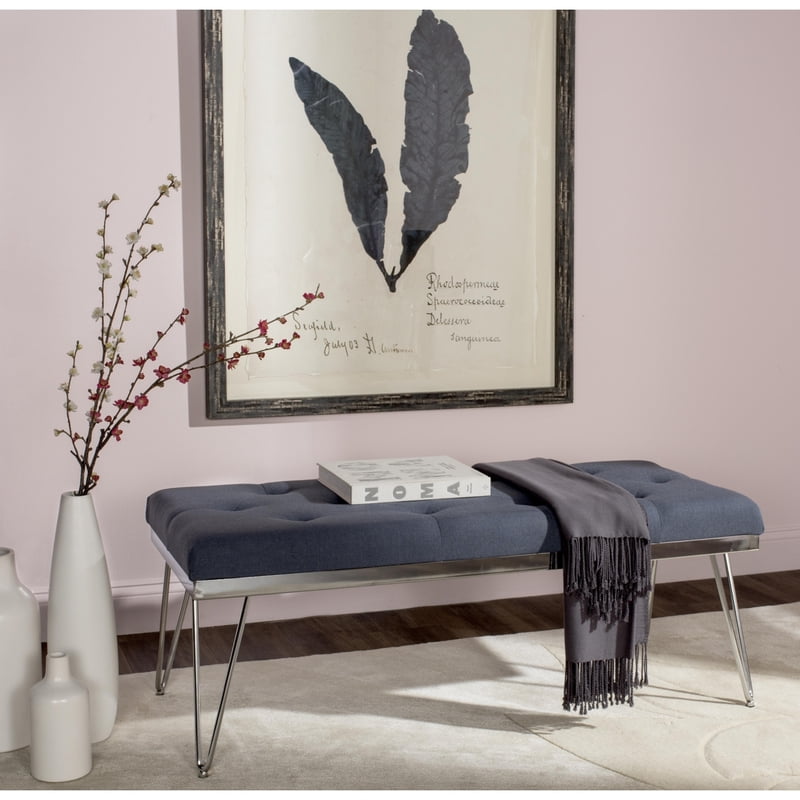 Mid-Century Tufted Bench - Navy/Chrome