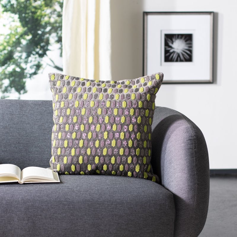 Geometric Beaded Plush Throw Pillow - Green & Grey 20x20 Inches