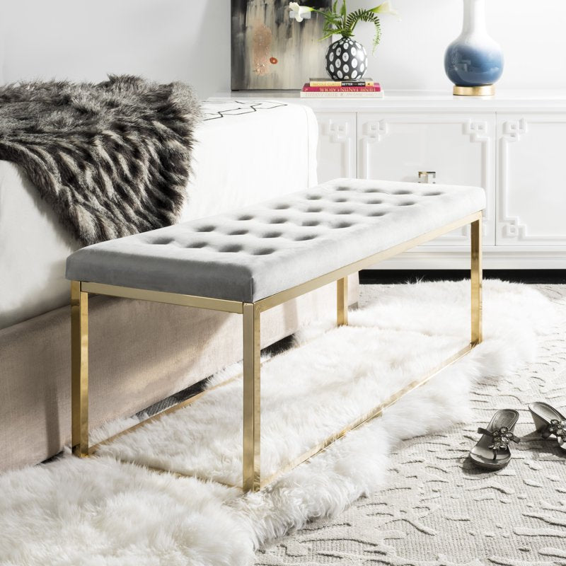 Contemporary Modern Glam Tufted Bench - Grey/Brass