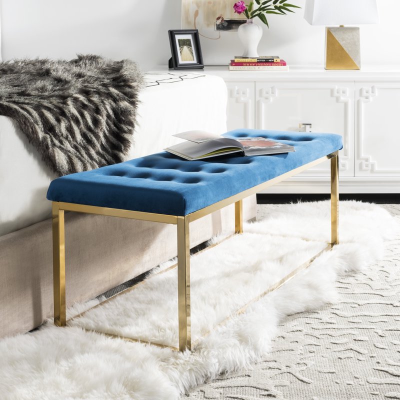 Contemporary Modern Glam Tufted Bench - Navy/Brass