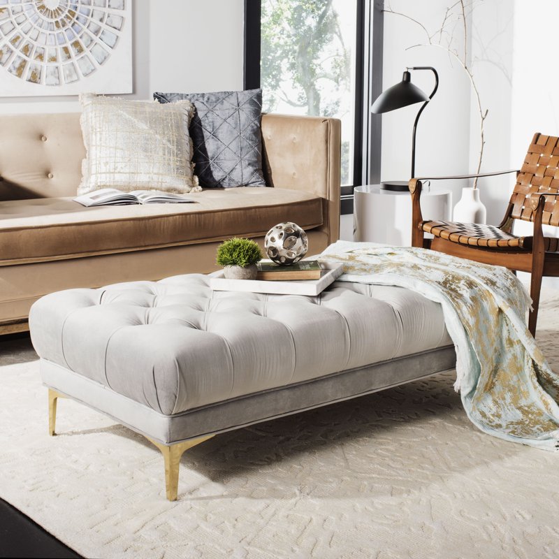 Modern Glam Rectangular Tufted Bench - Grey/Brass