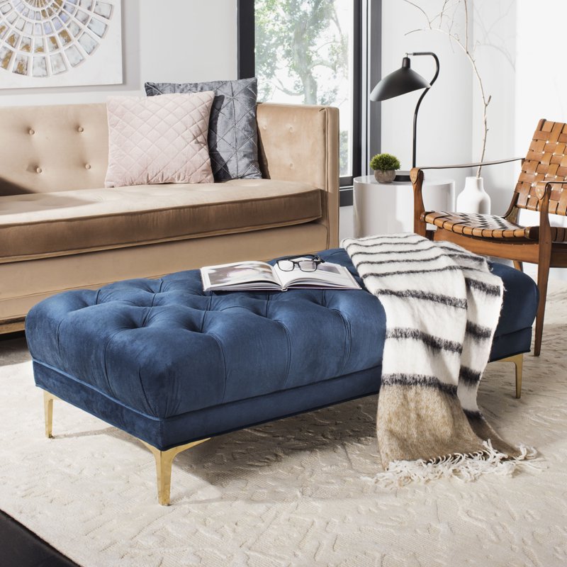 Modern Glam Tufted Bench with Navy Velvet Upholstery - Brass Legs