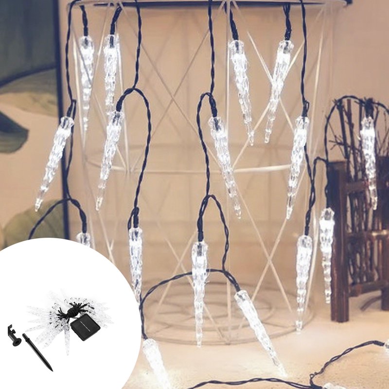 Solar Icicle Christmas Lights 21ft White 30 LED Outdoor Indoor Waterproof