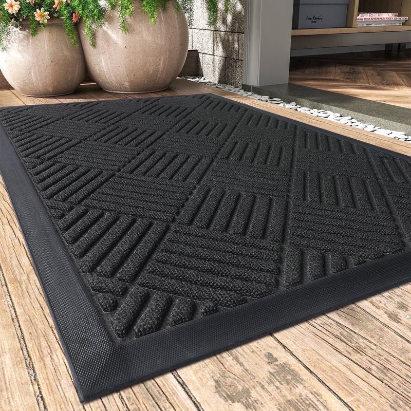 Outdoor Doormat Set 17x30 Inches Crosshatch Black Non-Slip Entryway Mats - 2 Piece Variation of 17" x 30" 2-Piece, Crosshatch-Black, Single