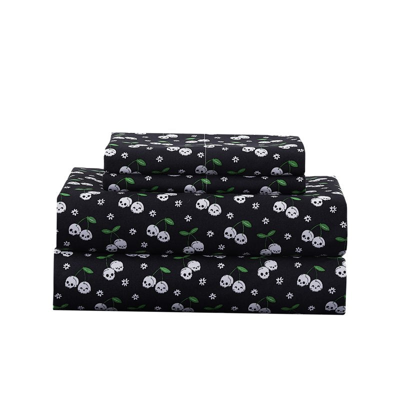 Summerween Crafted by Catherine Microfiber Sheet Set King Black & White Skull Cherries Variation