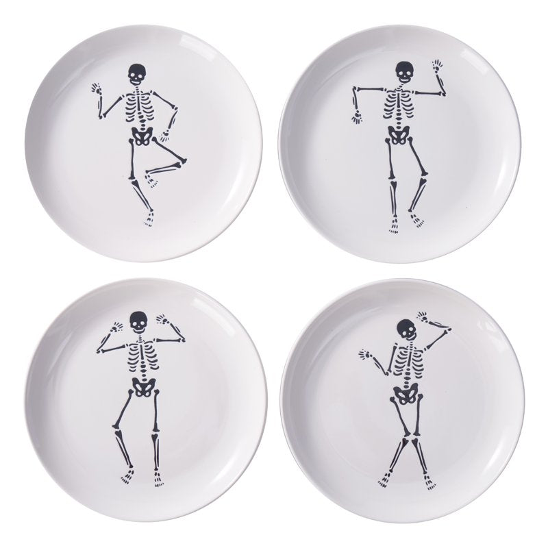 Halloween 4-Pack Ceramic Dancing Skeleton Appetizer Plates - Wax Resist