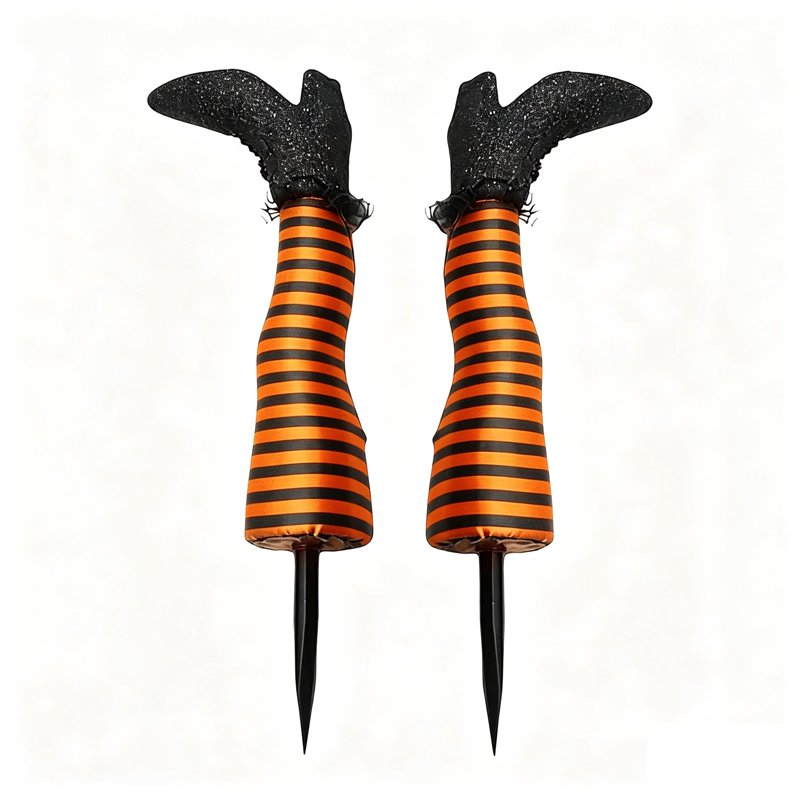Halloween Witch Leg Yard Stakes with Glitter Shoes & Striped Stockings - Orange Variation