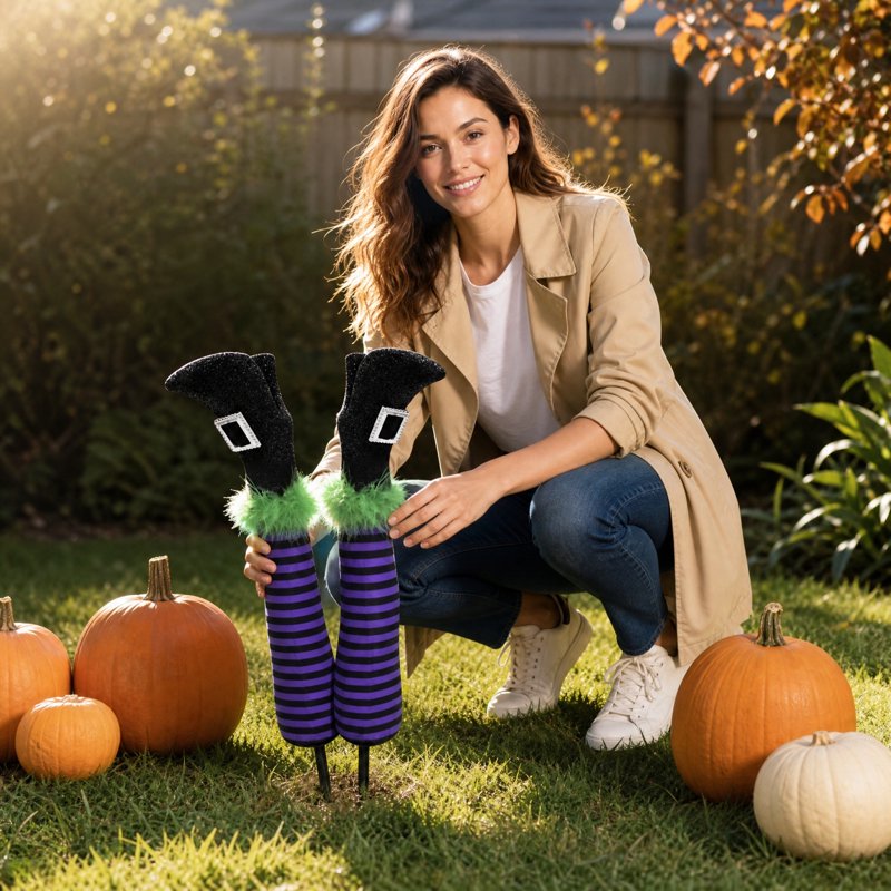 Halloween Witch Leg Yard Stakes with Purple Black Striped Stockings - Outdoor Garden Decor - Set of 2 - Glitter Finish (Variation: Purple)
