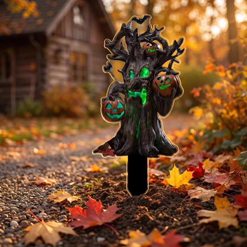 Halloween Spooky Tree Yard Stake with Light-Up Pumpkin and Bats - Variation 1#O