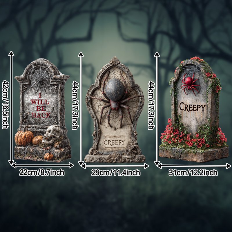 Halloween Tombstone Yard Stakes with Creepy Spider & Skull Gravestones - Variation 2#C