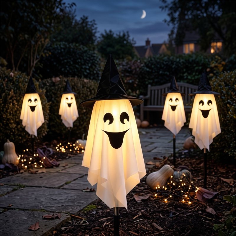 LED Ghost Yard Stake Light with Witch Hat - Battery Powered Halloween Decor - Variation 1#K