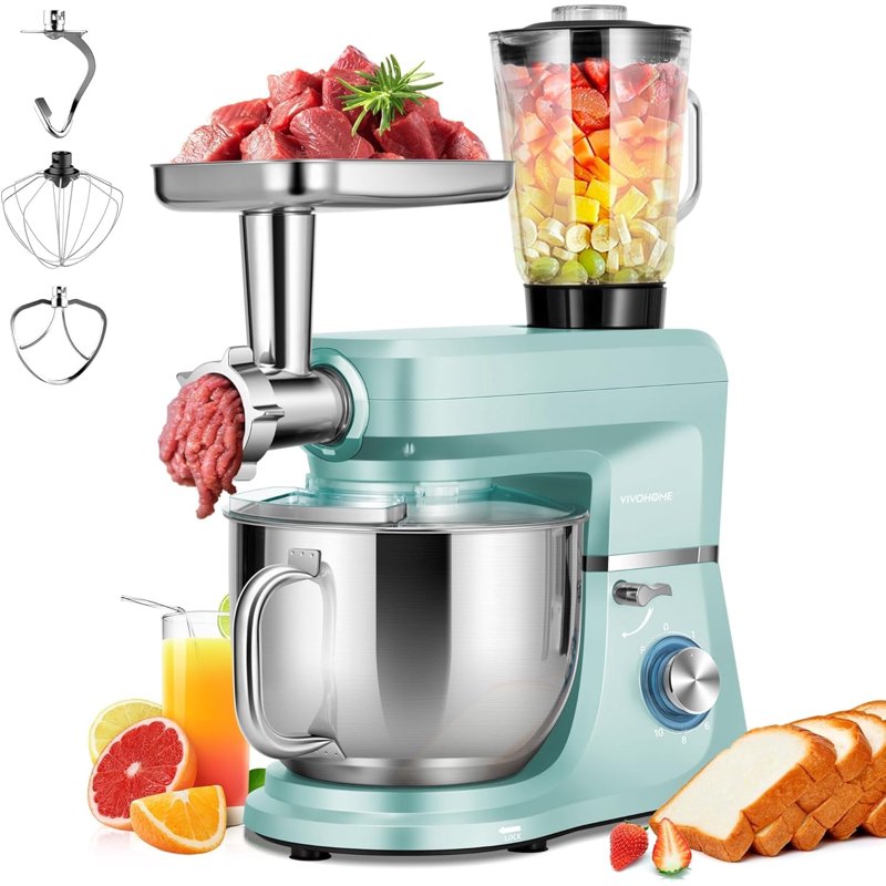 3 in 1 Stand Mixer with 6 Quart Bowl and Meat Grinder - Blue
