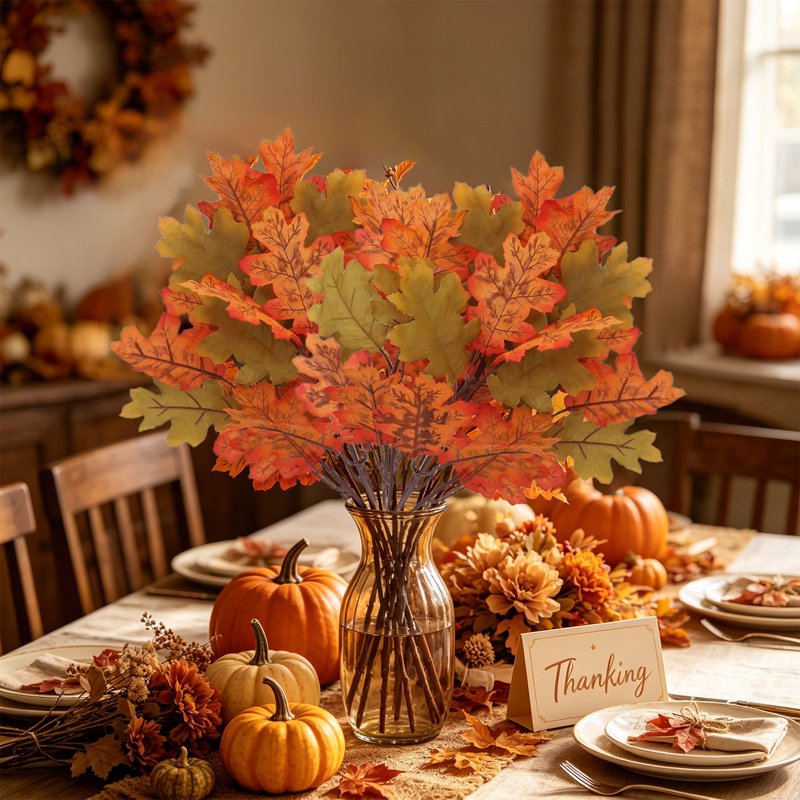 Artificial Maple Leaf Bushes - Green Fall Decor Stems for Vase, Thanksgiving & Halloween Centerpieces, 2 Pack